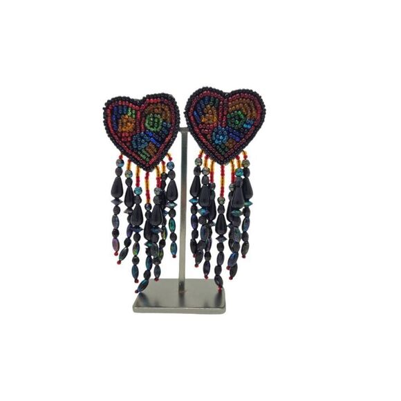 Vintage Multicolor Beaded Heart Dangle Clip-On Earrings - Picture 1 of 8